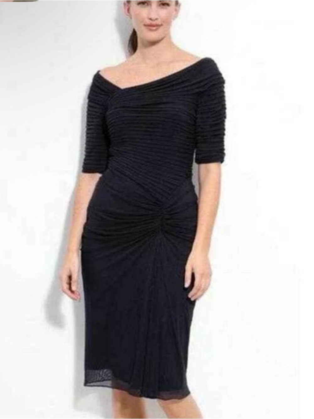 Tadashi Shoji Navy Ruched Asymmetric Midi Dress